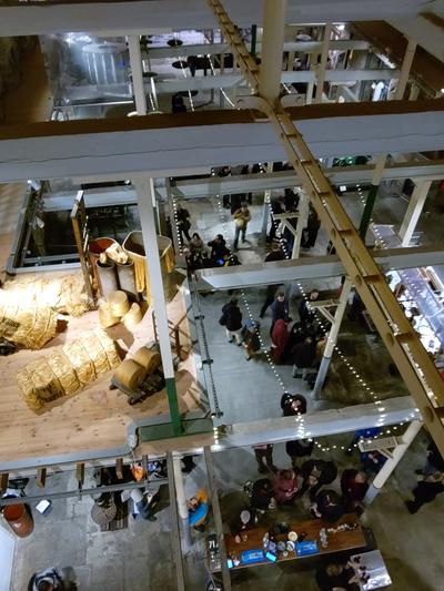 Looking down through rafters at the social event. Photo by Gregory Marler